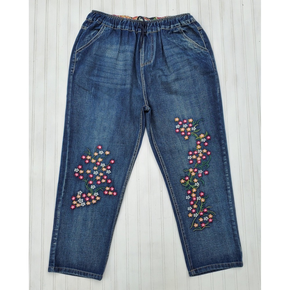 Ailailan Floral Embroidered Elastic Waist Denim Jeans Medium Wash Straight Leg